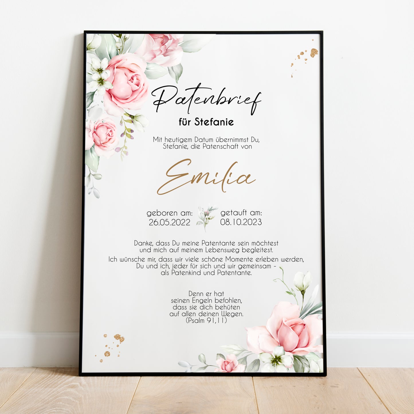 Patenbrief für Patentante Patenonkel personalisiert Taufe Rosen