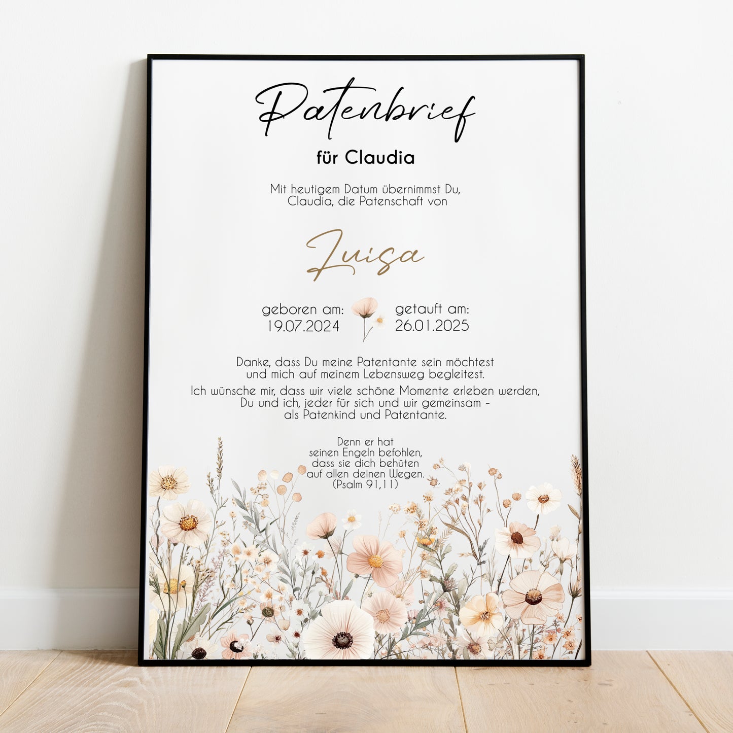 Patenbrief für Patentante Patenonkel Geschenk zur Taufe Boho Poster personalisiert Wildblumen Taufgeschenk Taufbrief