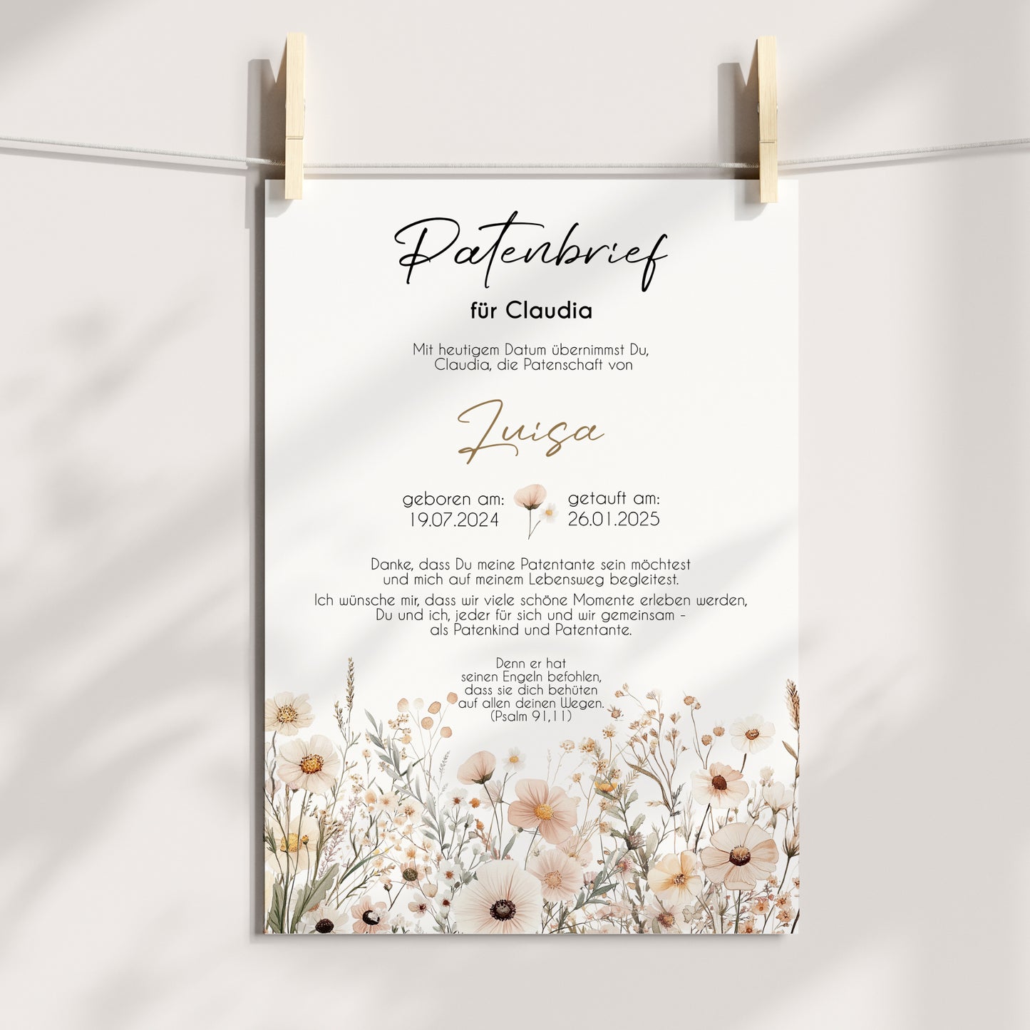 Patenbrief für Patentante Patenonkel Geschenk zur Taufe Boho Poster personalisiert Wildblumen Taufgeschenk Taufbrief