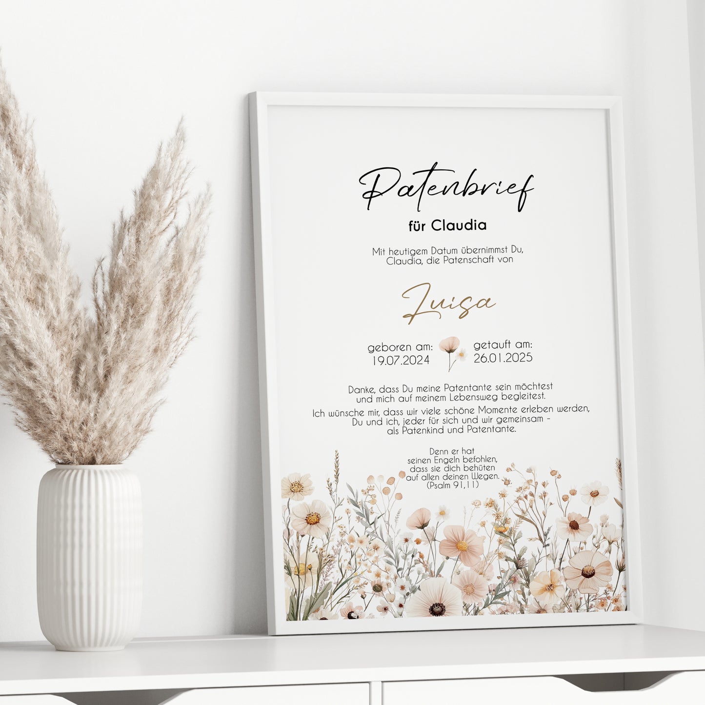 Patenbrief für Patentante Patenonkel Geschenk zur Taufe Boho Poster personalisiert Wildblumen Taufgeschenk Taufbrief
