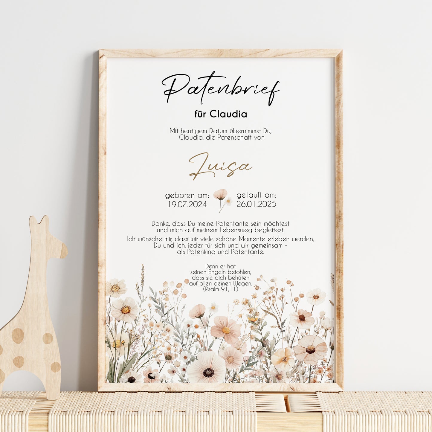 Patenbrief für Patentante Patenonkel Geschenk zur Taufe Boho Poster personalisiert Wildblumen Taufgeschenk Taufbrief