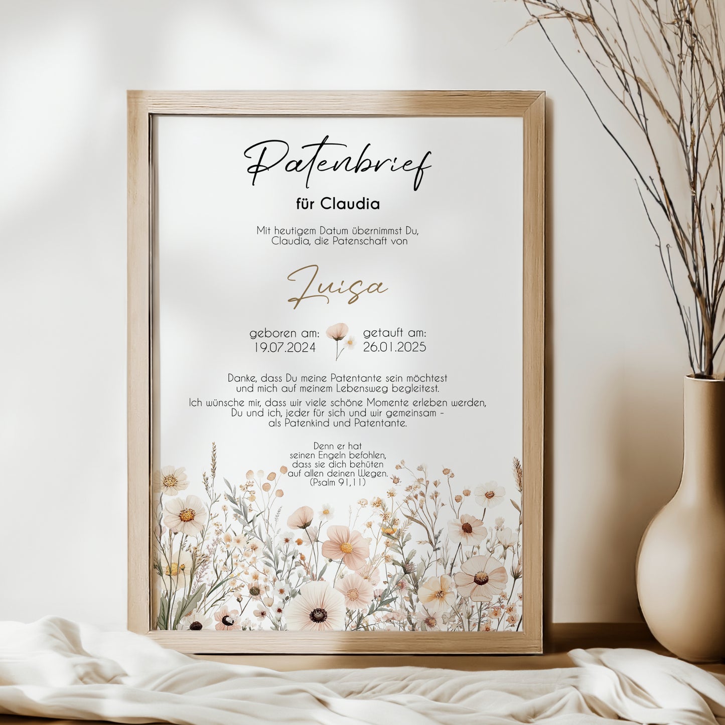 Patenbrief für Patentante Patenonkel Geschenk zur Taufe Boho Poster personalisiert Wildblumen Taufgeschenk Taufbrief