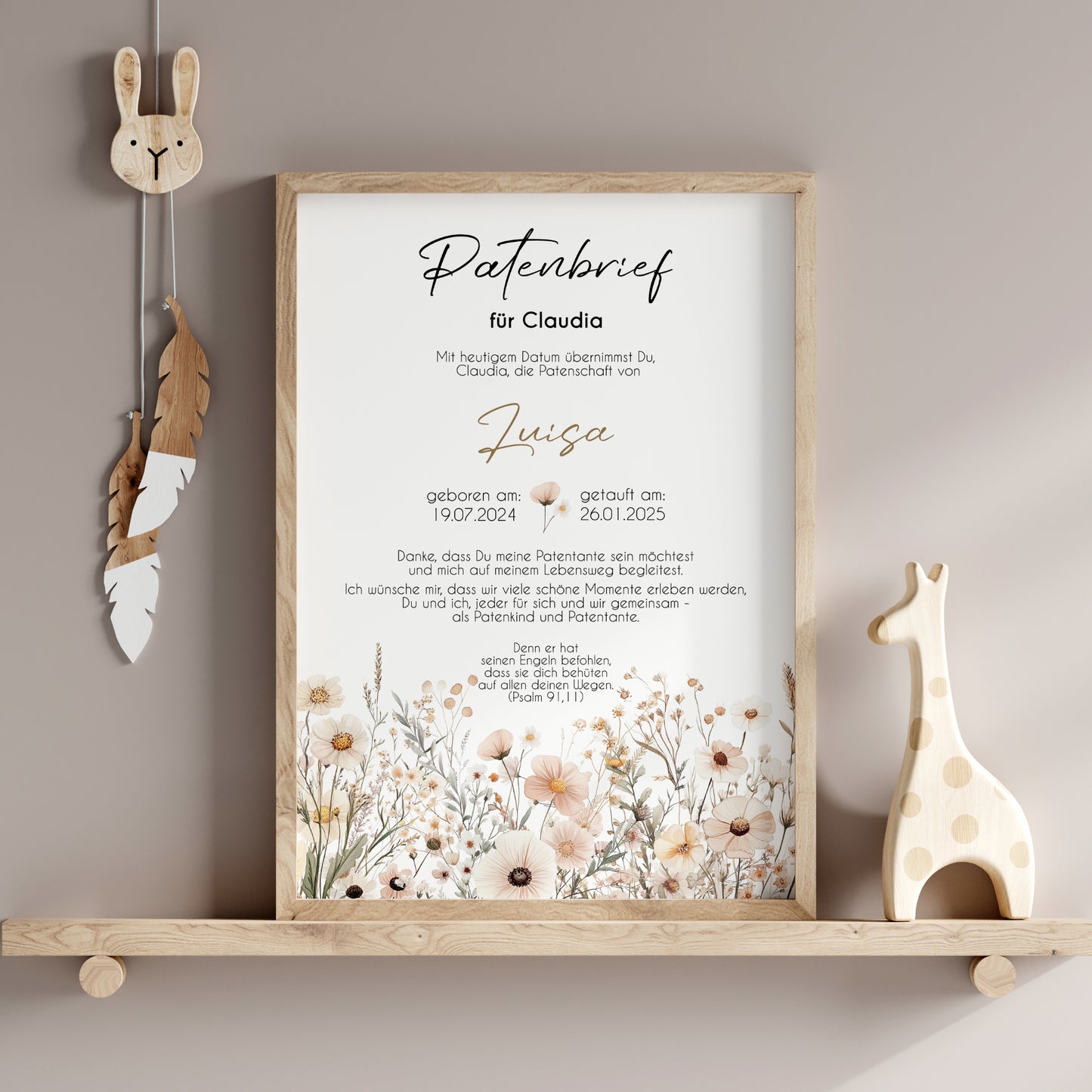 Patenbrief für Patentante Patenonkel Geschenk zur Taufe Boho Poster personalisiert Wildblumen Taufgeschenk Taufbrief
