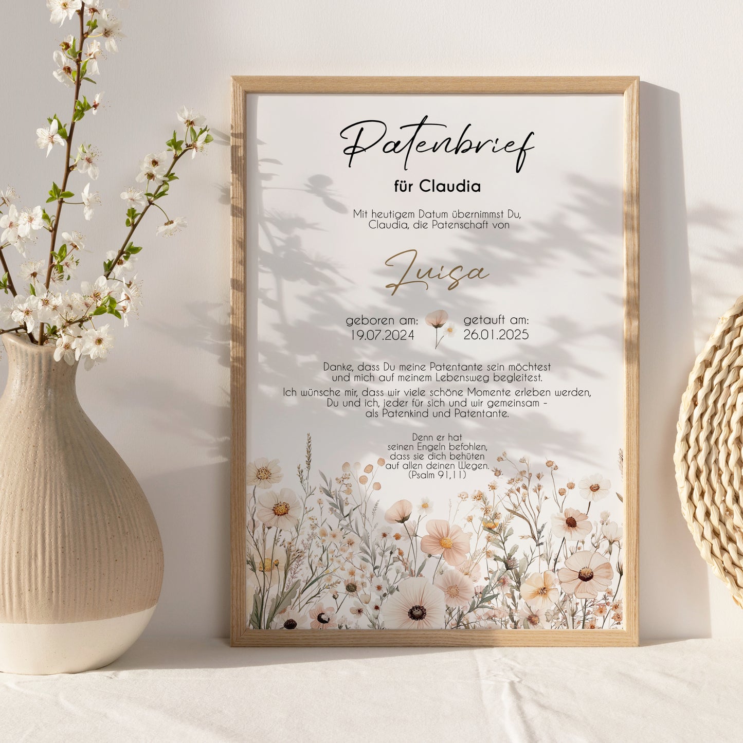 Patenbrief für Patentante Patenonkel Geschenk zur Taufe Boho Poster personalisiert Wildblumen Taufgeschenk Taufbrief