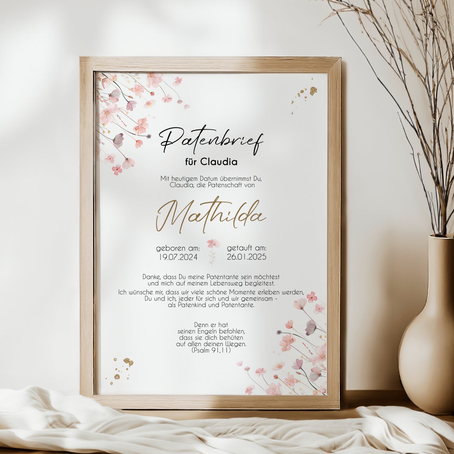 Patenbrief für Patentante Patenonkel Geschenk zur Taufe Poster personalisiert Wildblumen Taufgeschenk Taufbrief