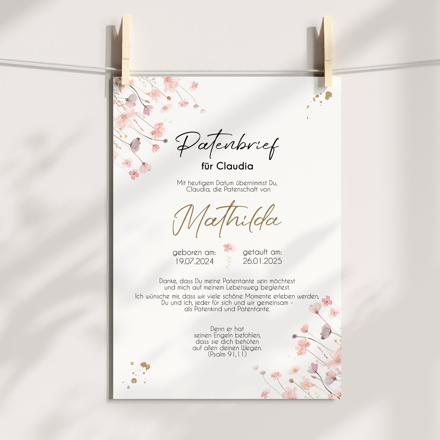 Patenbrief für Patentante Patenonkel Geschenk zur Taufe Poster personalisiert Wildblumen Taufgeschenk Taufbrief