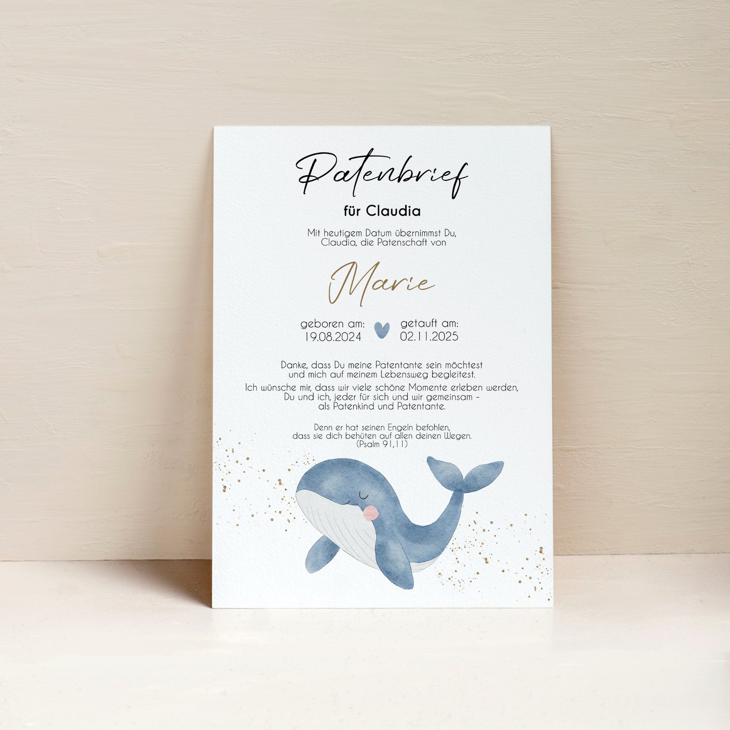 Patenbrief für Patentante Patenonkel Geschenk zur Taufe Poster personalisiert Wal Taufgeschenk Taufbrief