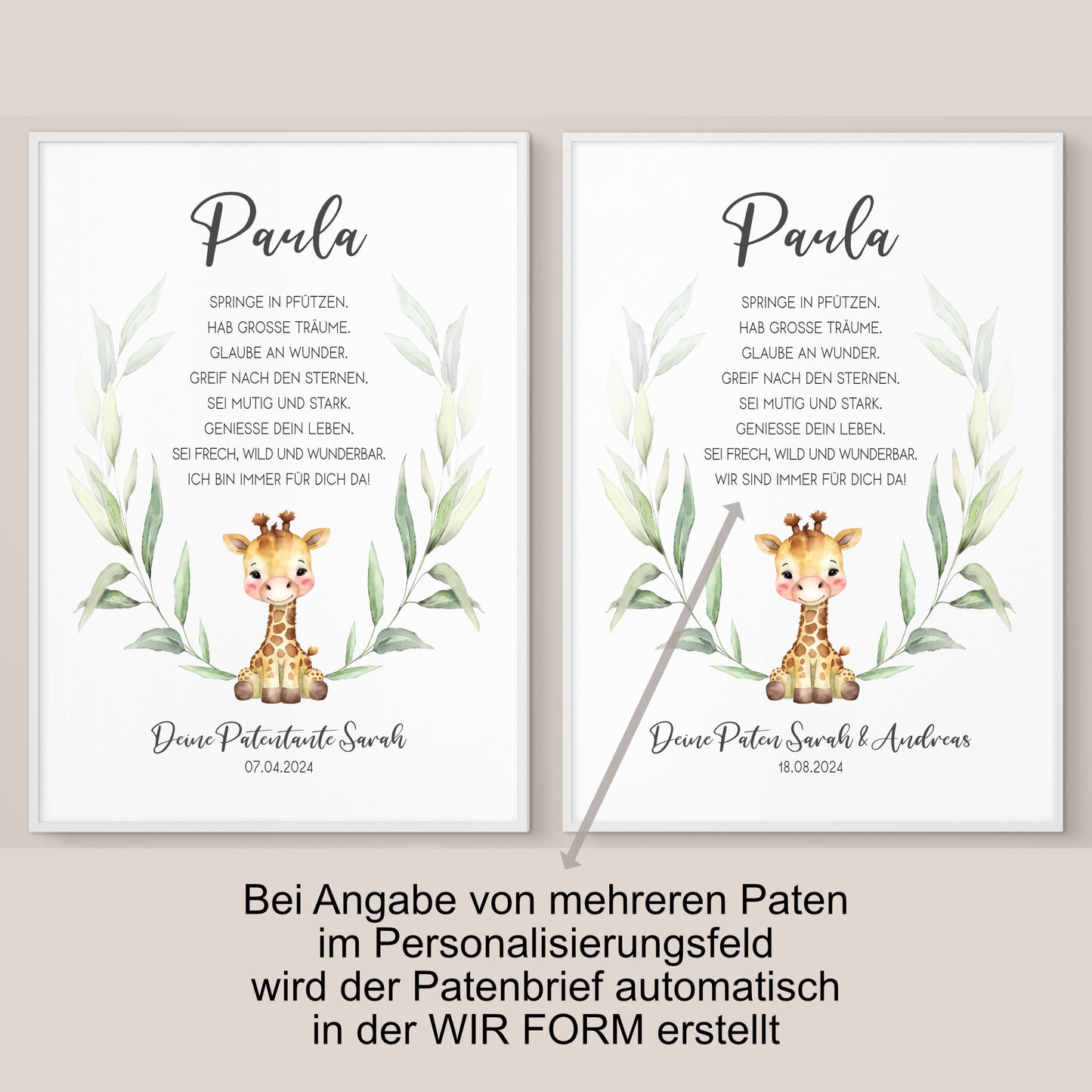 Patenbrief für Patenkind Taufe personalisiert Giraffe