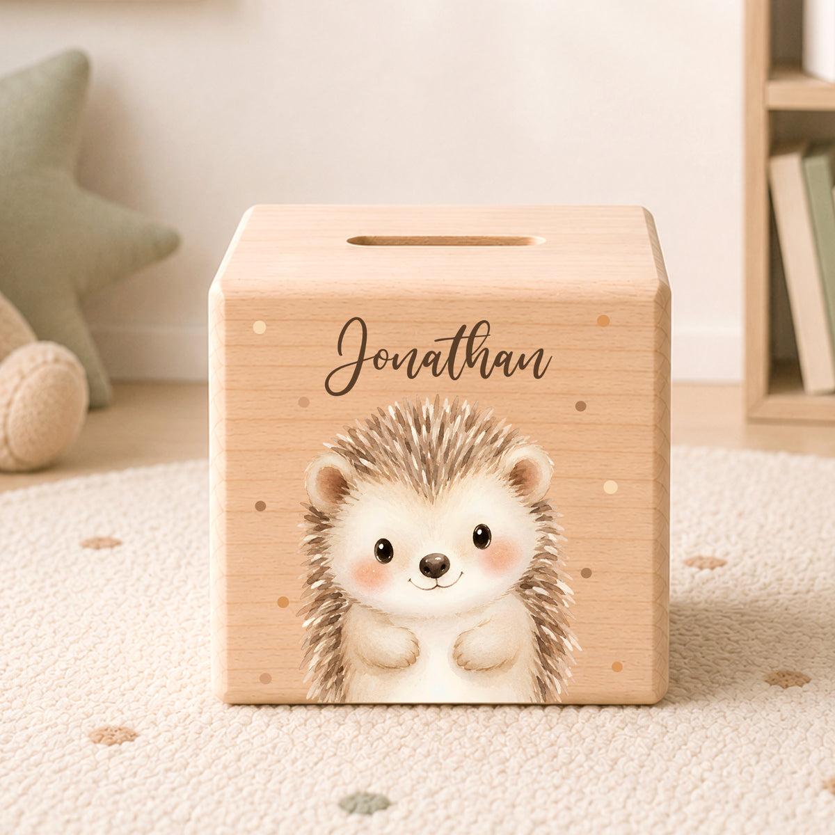 Holzspardose für Kinder personalisiert mit Namen mit Auswahl an Waldtiere Motiven