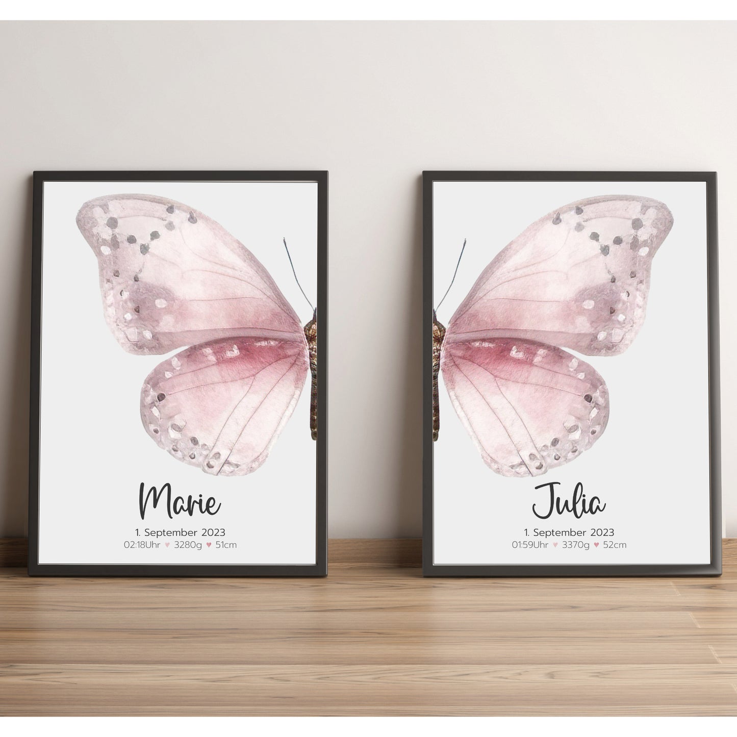 Geburtsposter Zwillinge Geschwister Geburtsdaten Schmetterling Mädchen personalisiert