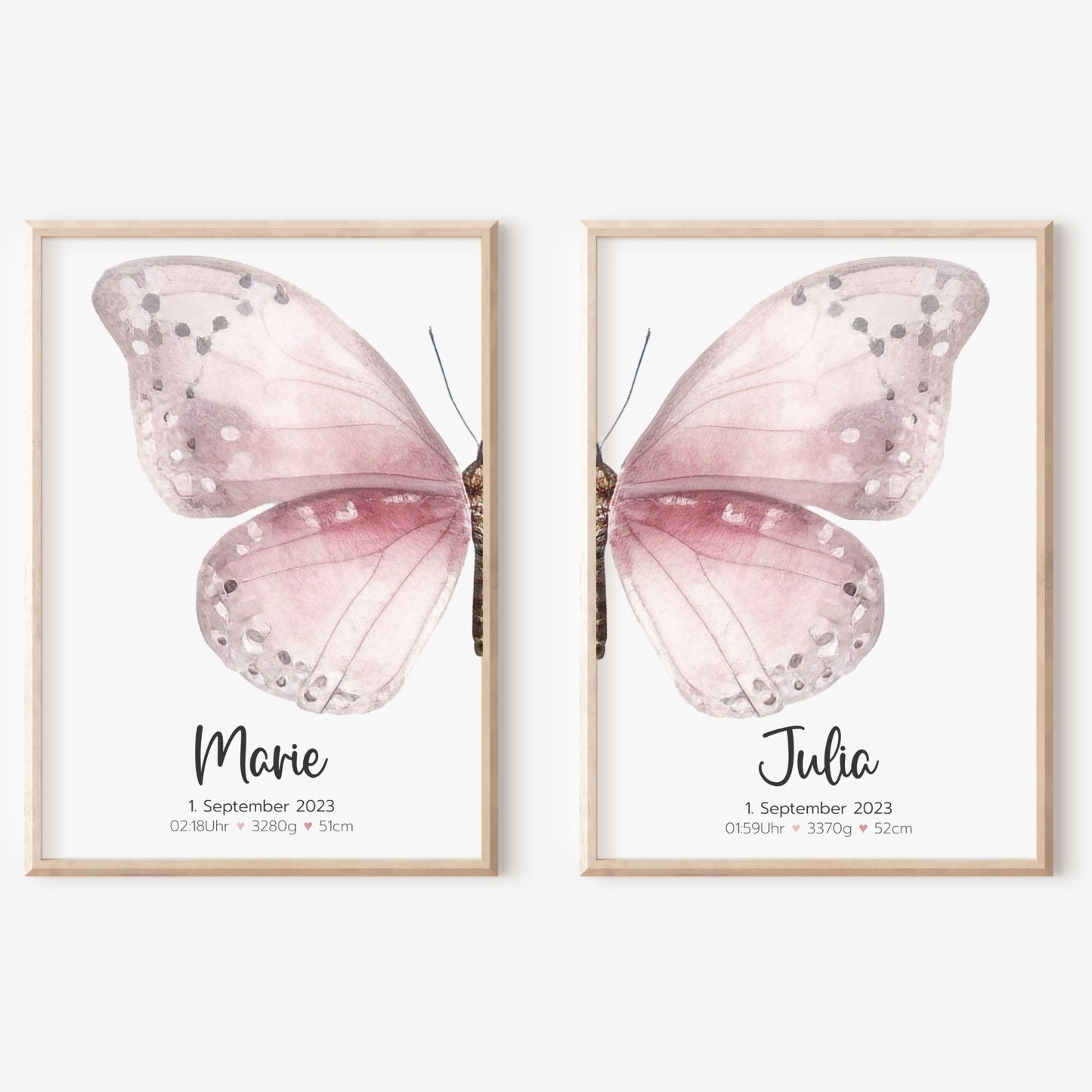 Geburtsposter Zwillinge Geschwister Geburtsdaten Schmetterling Mädchen personalisiert