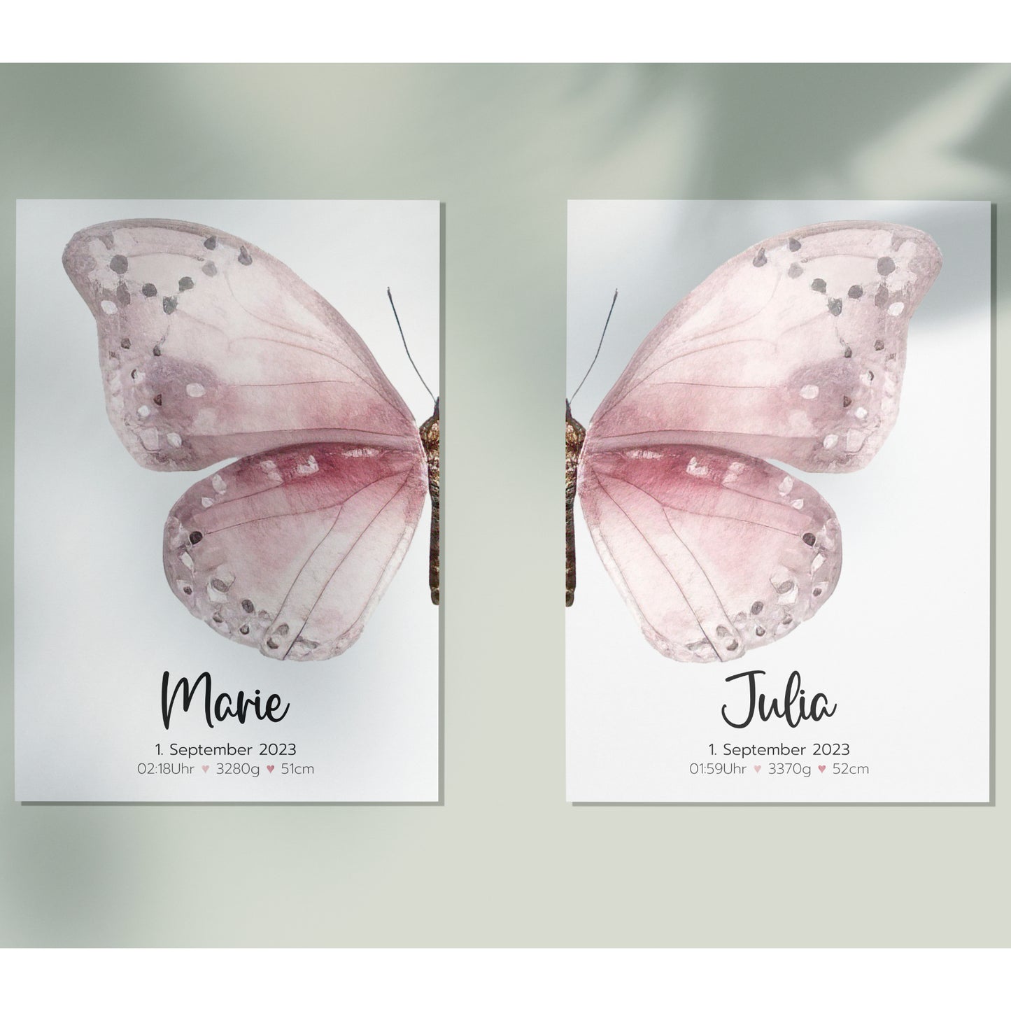 Geburtsposter Zwillinge Geschwister Geburtsdaten Schmetterling Mädchen personalisiert