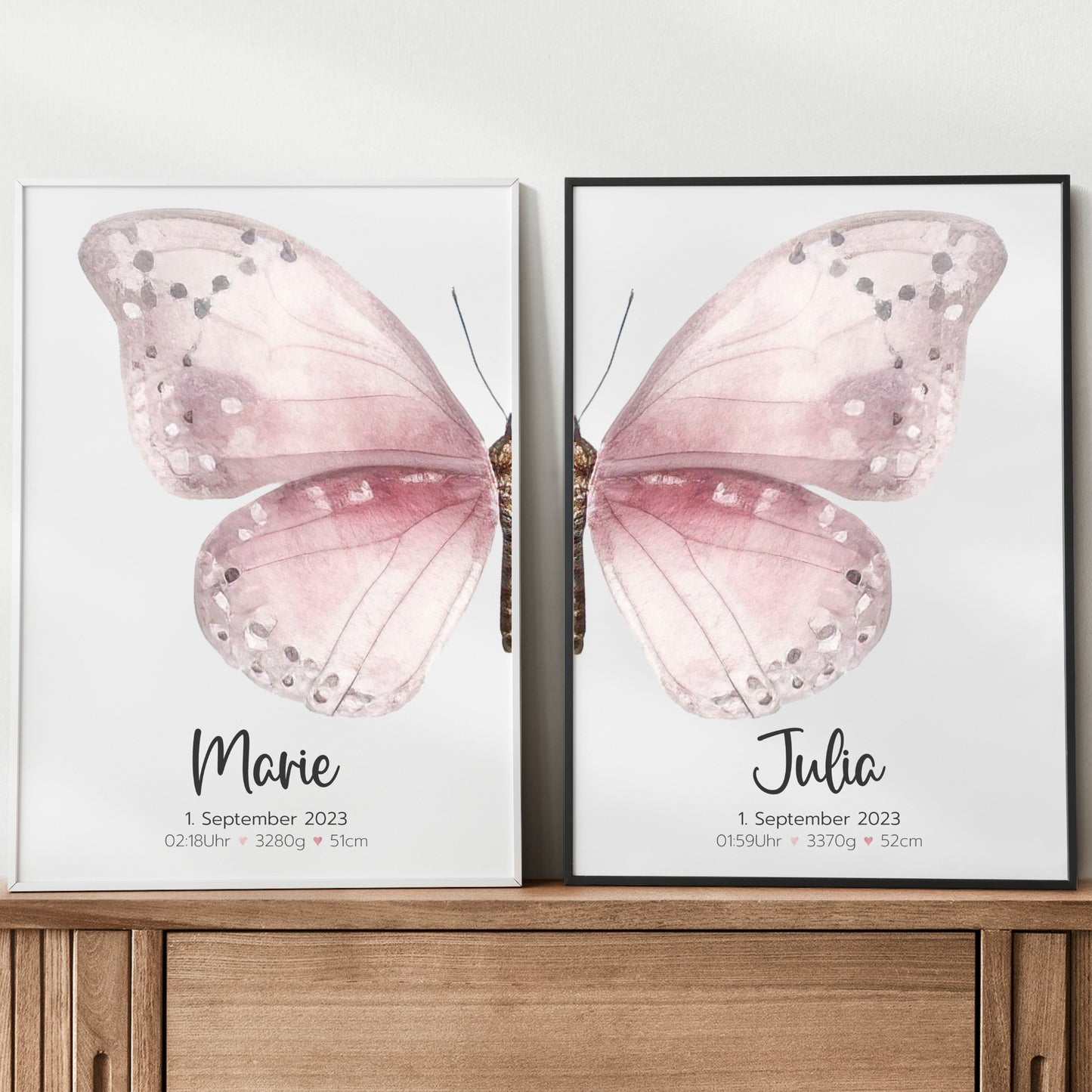 Geburtsposter Zwillinge Geschwister Geburtsdaten Schmetterling Mädchen personalisiert