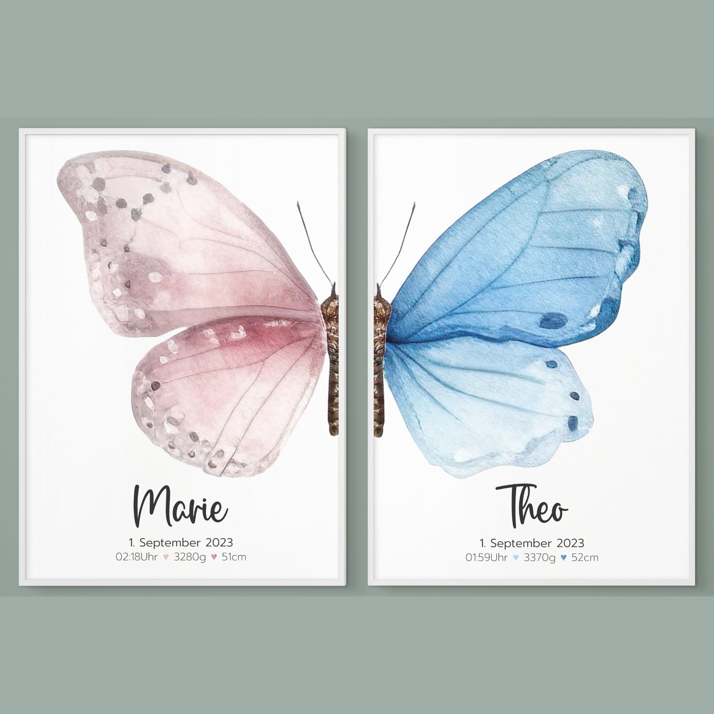 Geburtsposter Zwillinge Geschwister Geburtsdaten Schmetterling Jungen Mädchen personalisiert