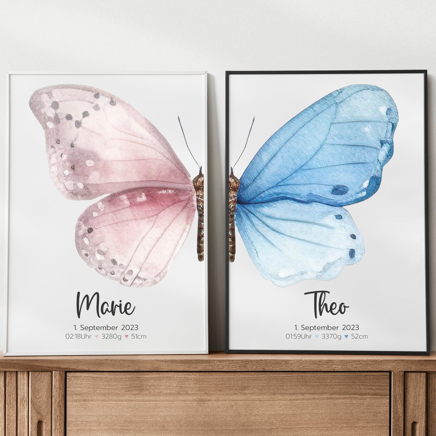 Geburtsposter Zwillinge Geschwister Geburtsdaten Schmetterling Jungen Mädchen personalisiert