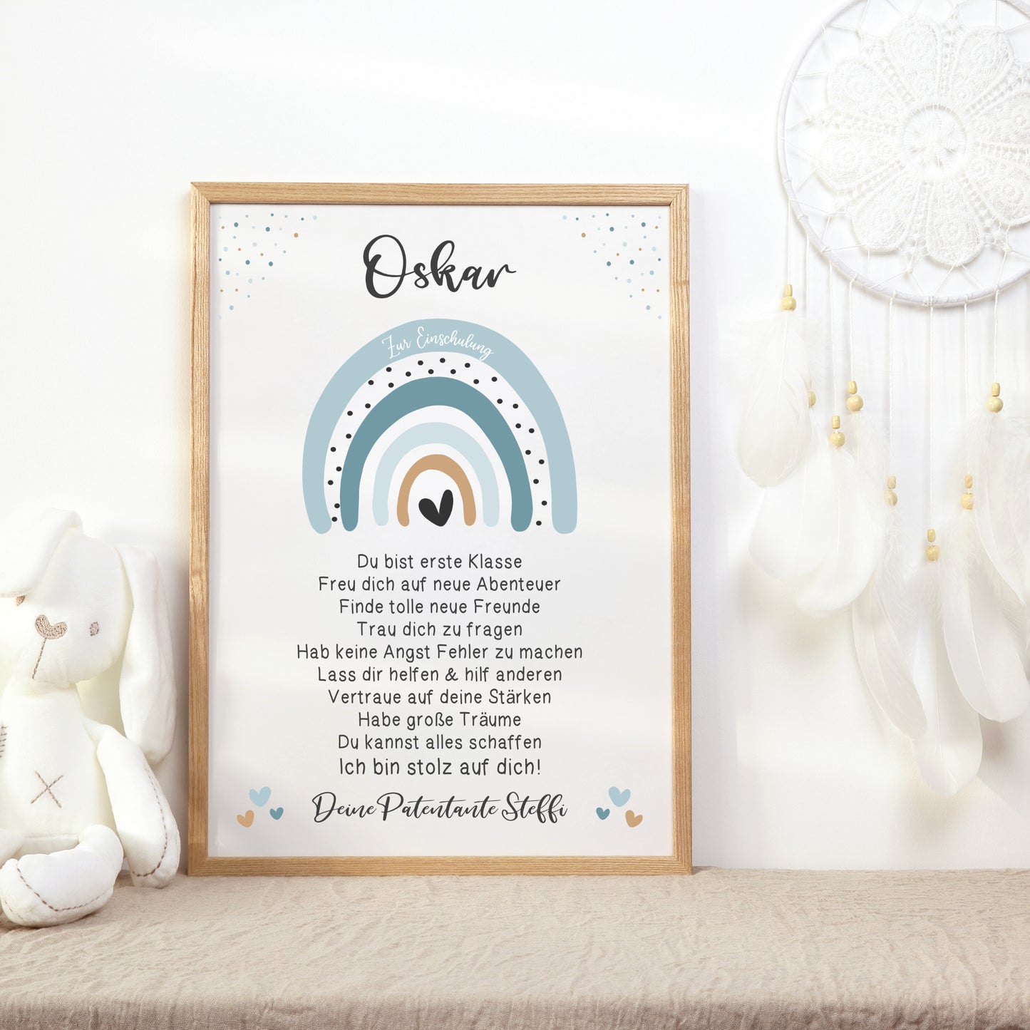 Einschulung Poster Affirmation Schulanfang Jungen Regenbogen Hellblau personalisiert