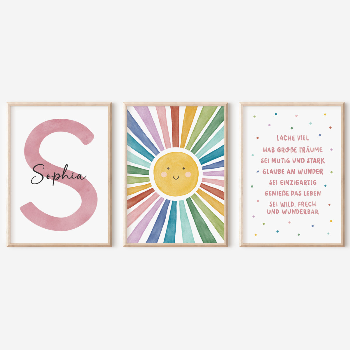 3er Set Poster Sonne Sonnenstrahlen Name personalisiert Kinderzimmer Mädchen Rosa