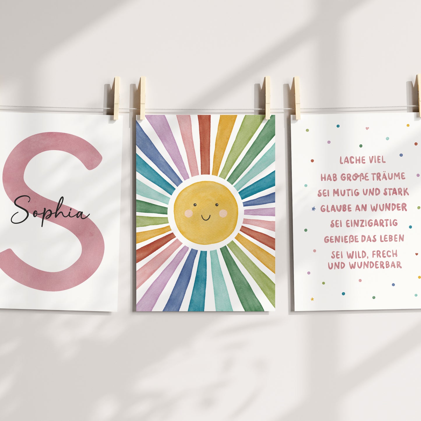 3er Set Poster Sonne Sonnenstrahlen Name personalisiert Kinderzimmer Mädchen Rosa