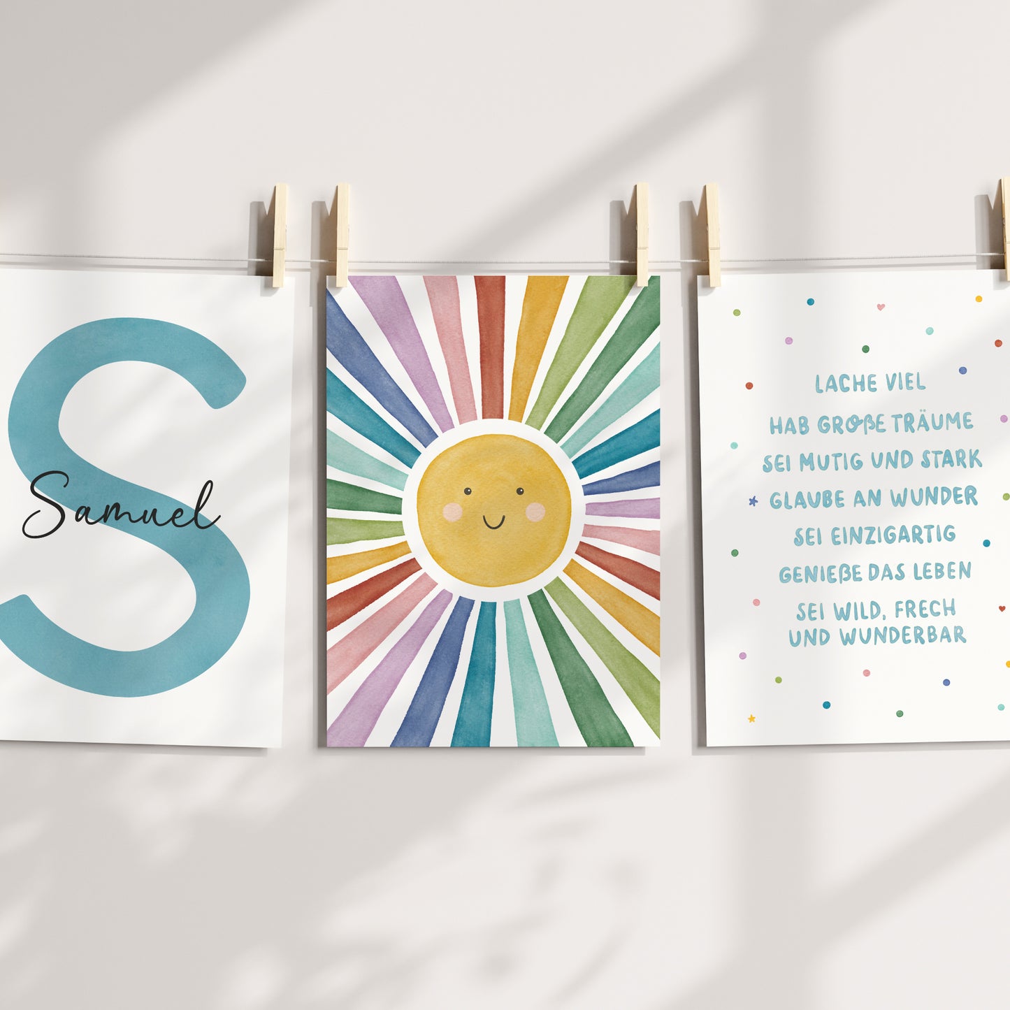 3er Set Poster Sonne Sonnenstrahlen Name personalisiert Kinderzimmer Jungen Türkis