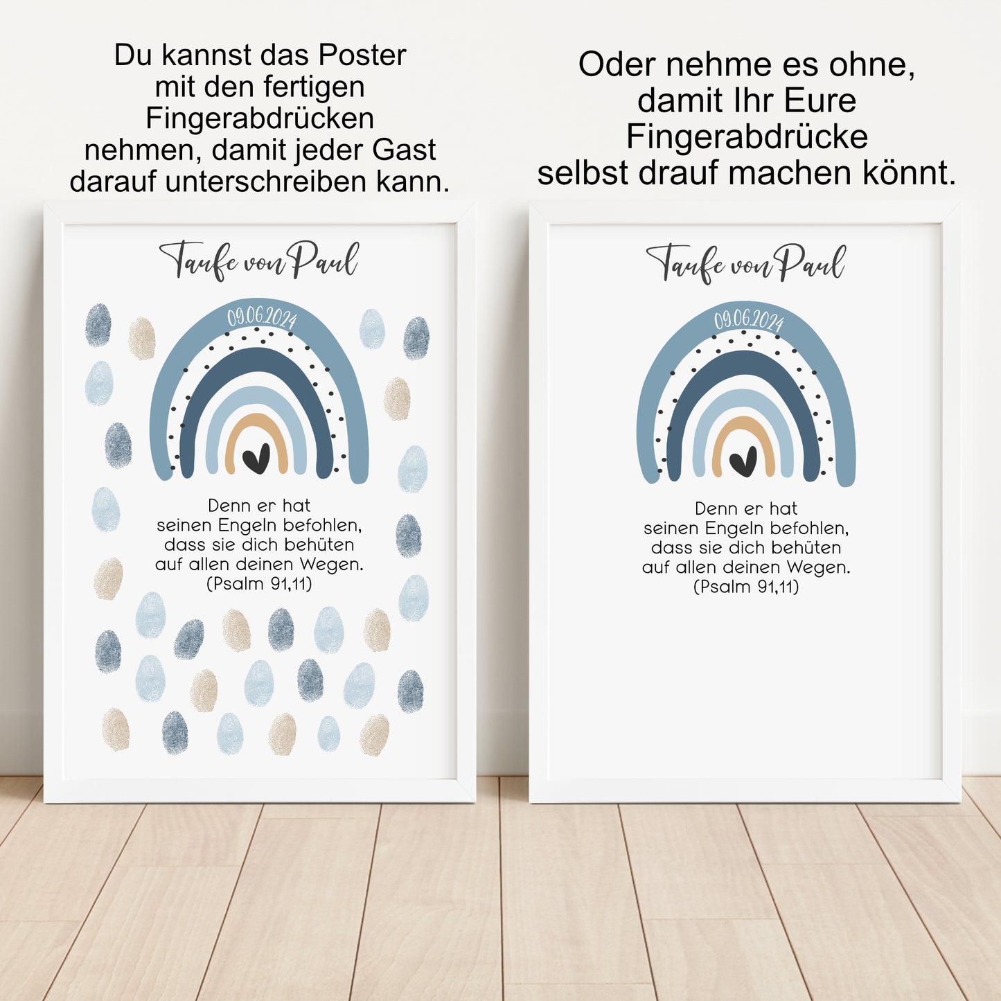 Taufe Gästeposter Fingerabdrücke Patenkind Regenbogen Gästebuch personalisiert Taufgeschenk Taufgästebuch Fingerprint Gästebild blau
