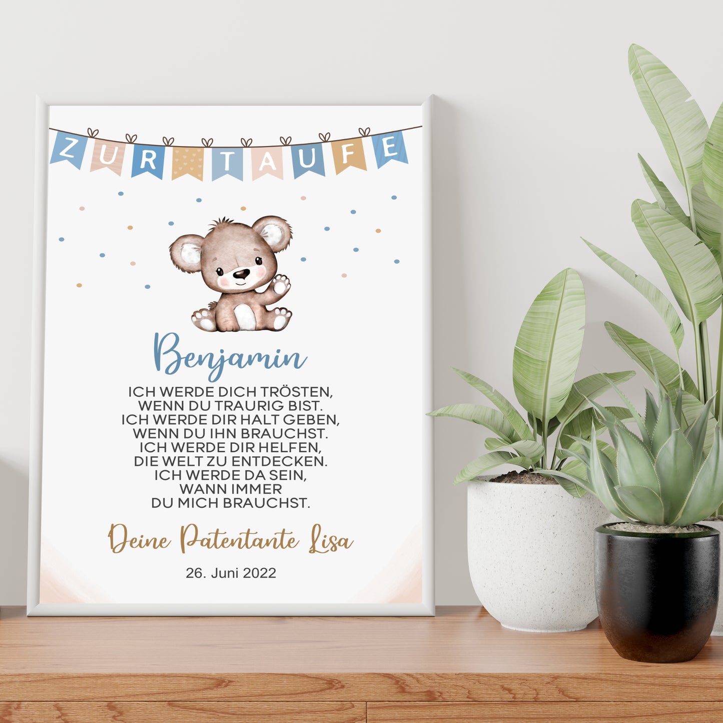 Patenbrief Poster Patenkind Taufgeschenk Taufe personalisiert Taufbrief Bär Jungen Blau