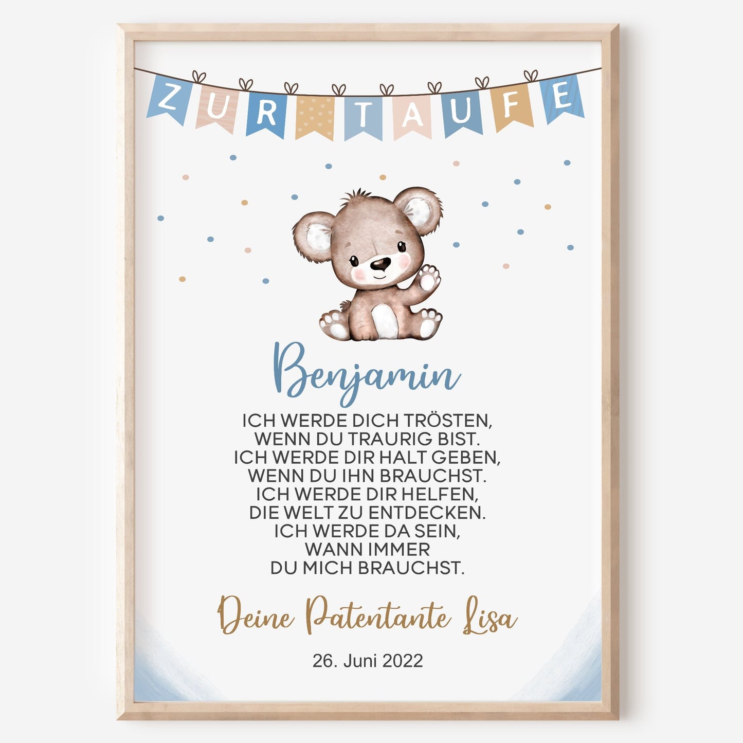 Patenbrief Poster Patenkind Taufgeschenk Taufe personalisiert Taufbrief Bär Jungen Blau
