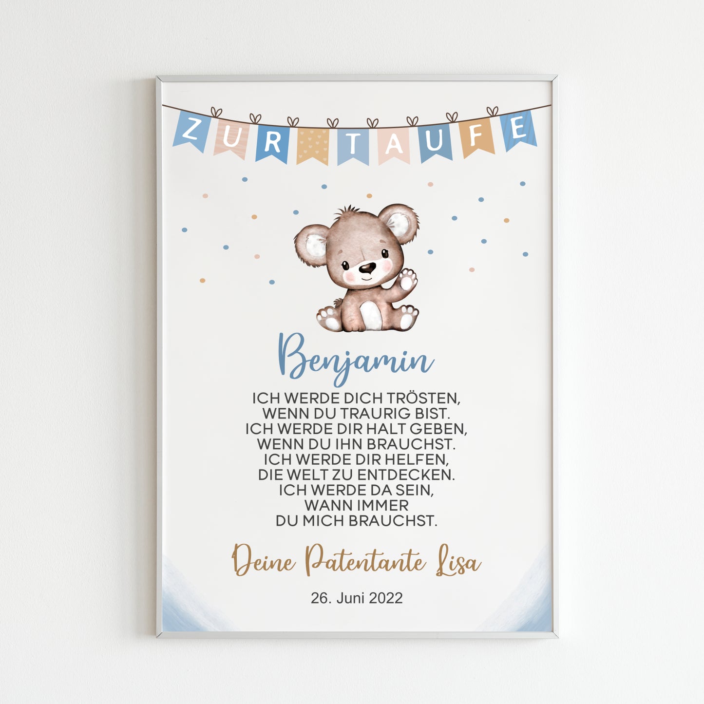 Patenbrief Poster Patenkind Taufgeschenk Taufe personalisiert Taufbrief Bär Jungen Blau