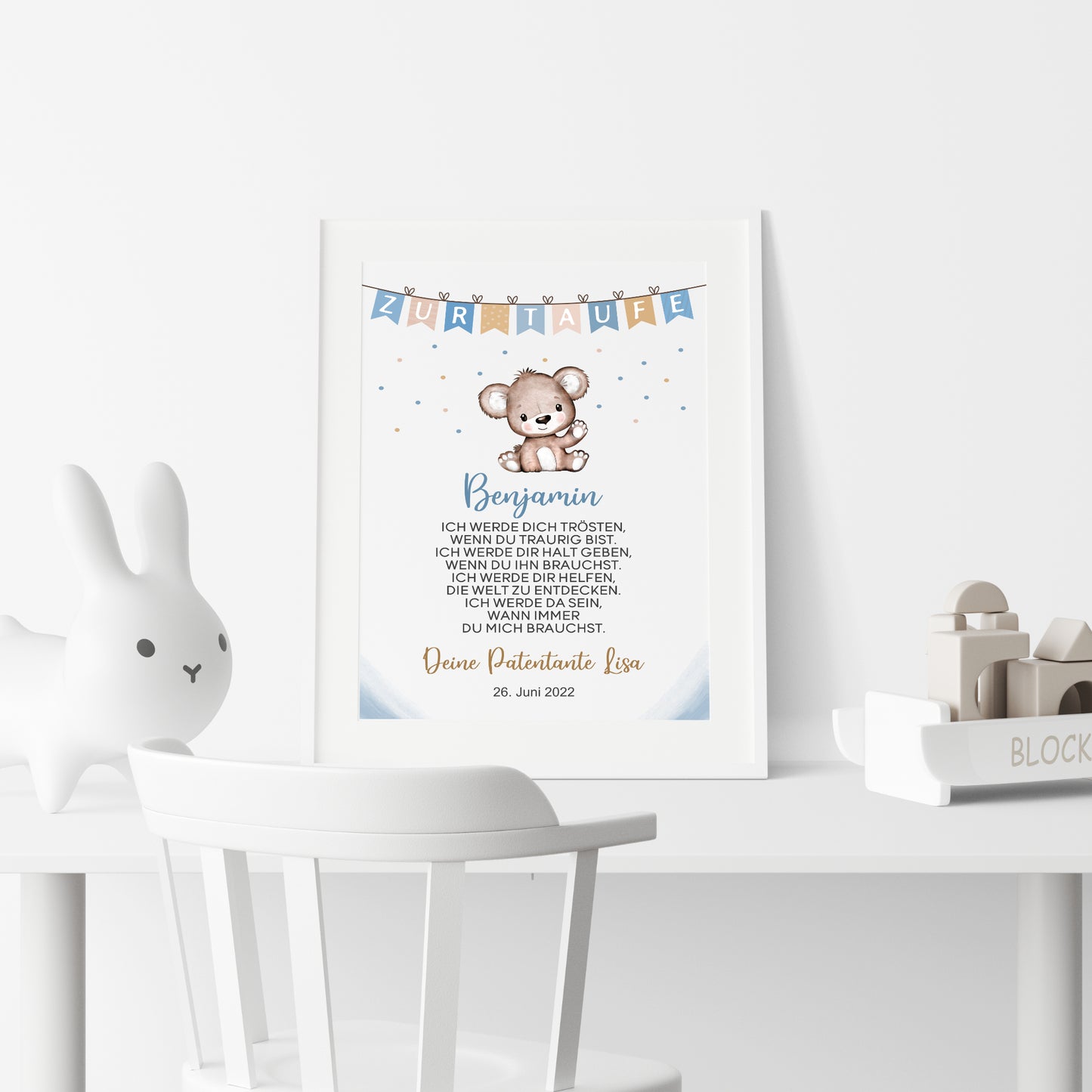 Patenbrief Poster Patenkind Taufgeschenk Taufe personalisiert Taufbrief Bär Jungen Blau