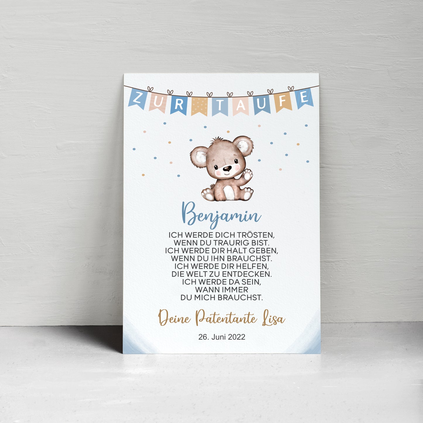 Patenbrief Poster Patenkind Taufgeschenk Taufe personalisiert Taufbrief Bär Jungen Blau