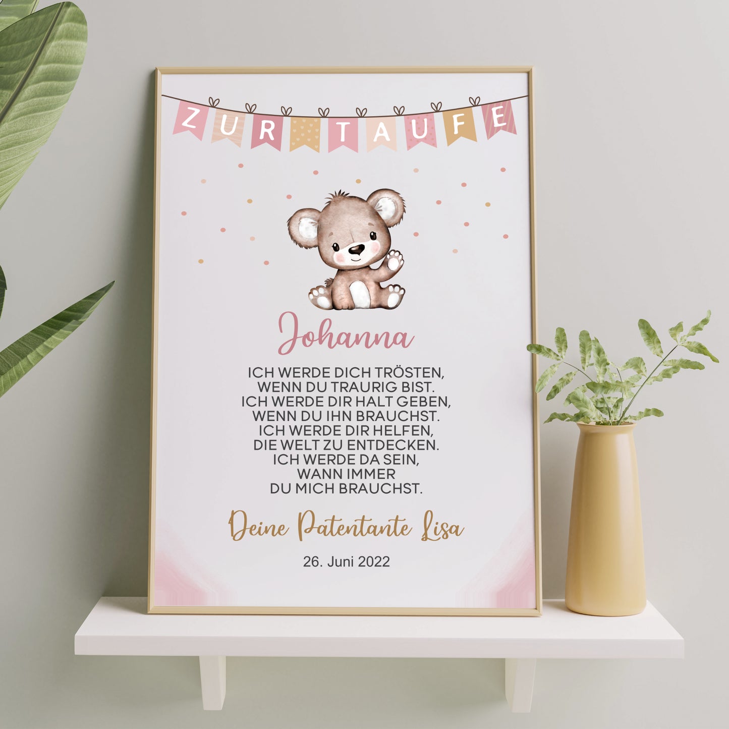 Patenbrief Poster Patenkind Taufgeschenk Taufe personalisiert Taufbrief Bär Mädchen Rosa