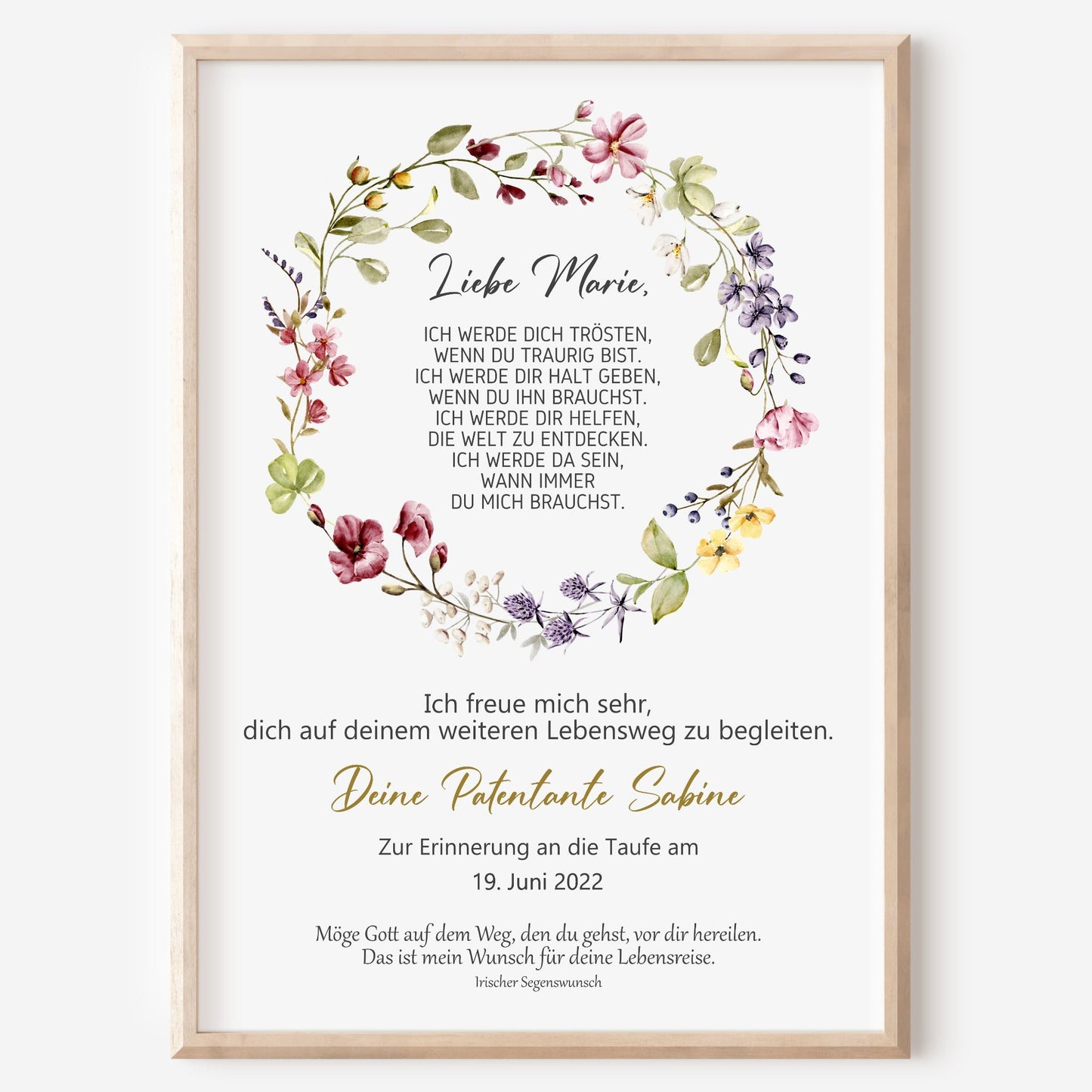 Taufgeschenk Poster Patenkind Geschenk zur Taufe personalisiert Patenbrief Wildblumen Taufbrief