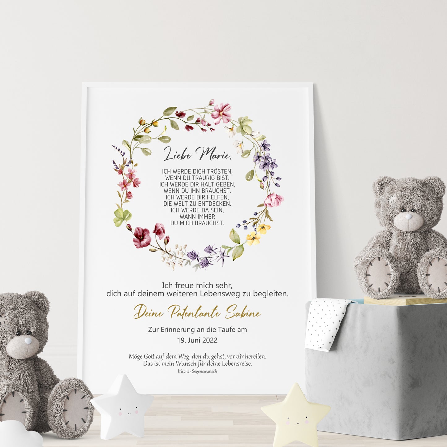 Taufgeschenk Poster Patenkind Geschenk zur Taufe personalisiert Patenbrief Wildblumen Taufbrief