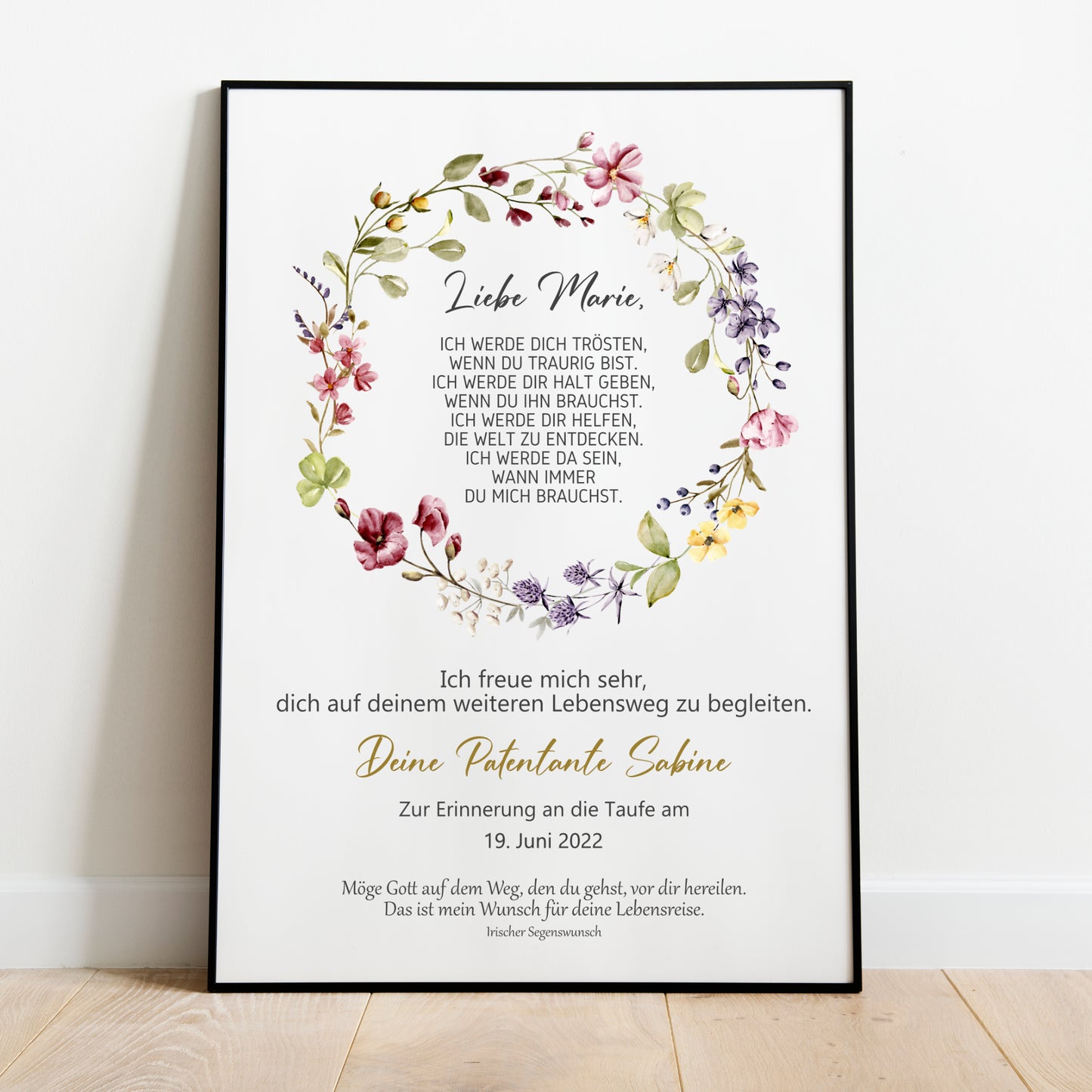 Taufgeschenk Poster Patenkind Geschenk zur Taufe personalisiert Patenbrief Wildblumen Taufbrief