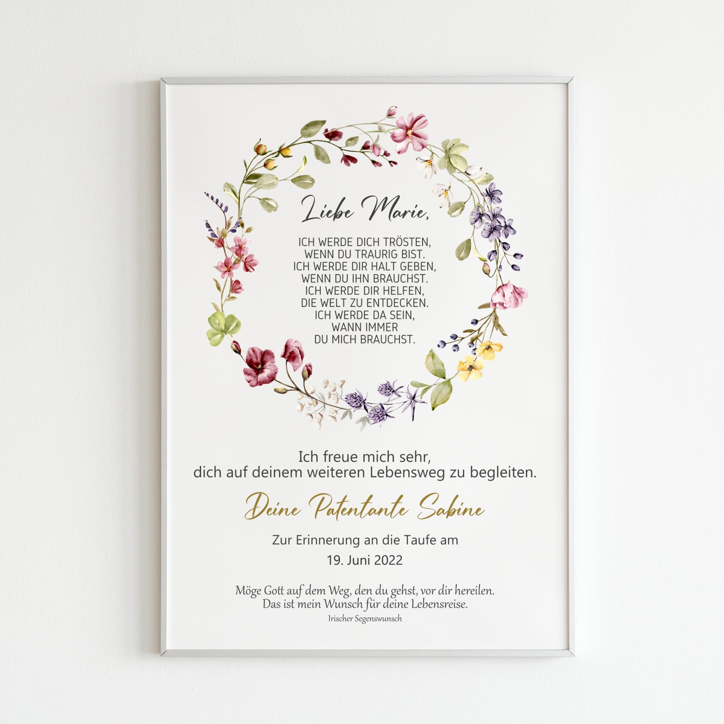 Taufgeschenk Poster Patenkind Geschenk zur Taufe personalisiert Patenbrief Wildblumen Taufbrief