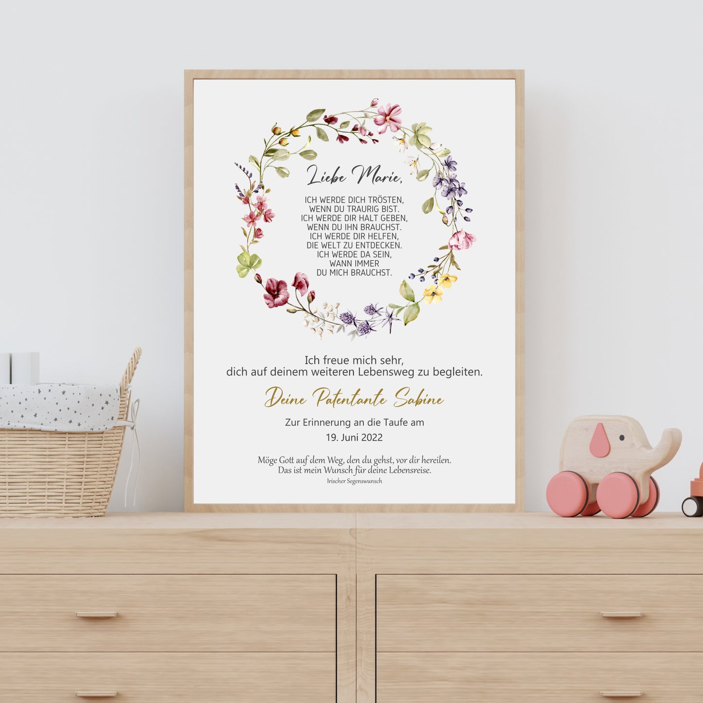Taufgeschenk Poster Patenkind Geschenk zur Taufe personalisiert Patenbrief Wildblumen Taufbrief