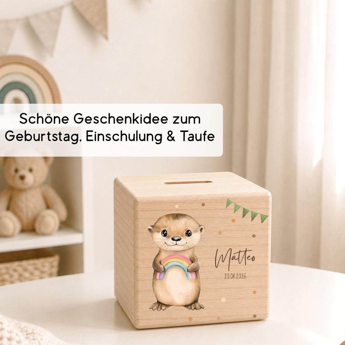 Spardose aus Holz mit Otter Bild für Kinder personalisiert mit Namen