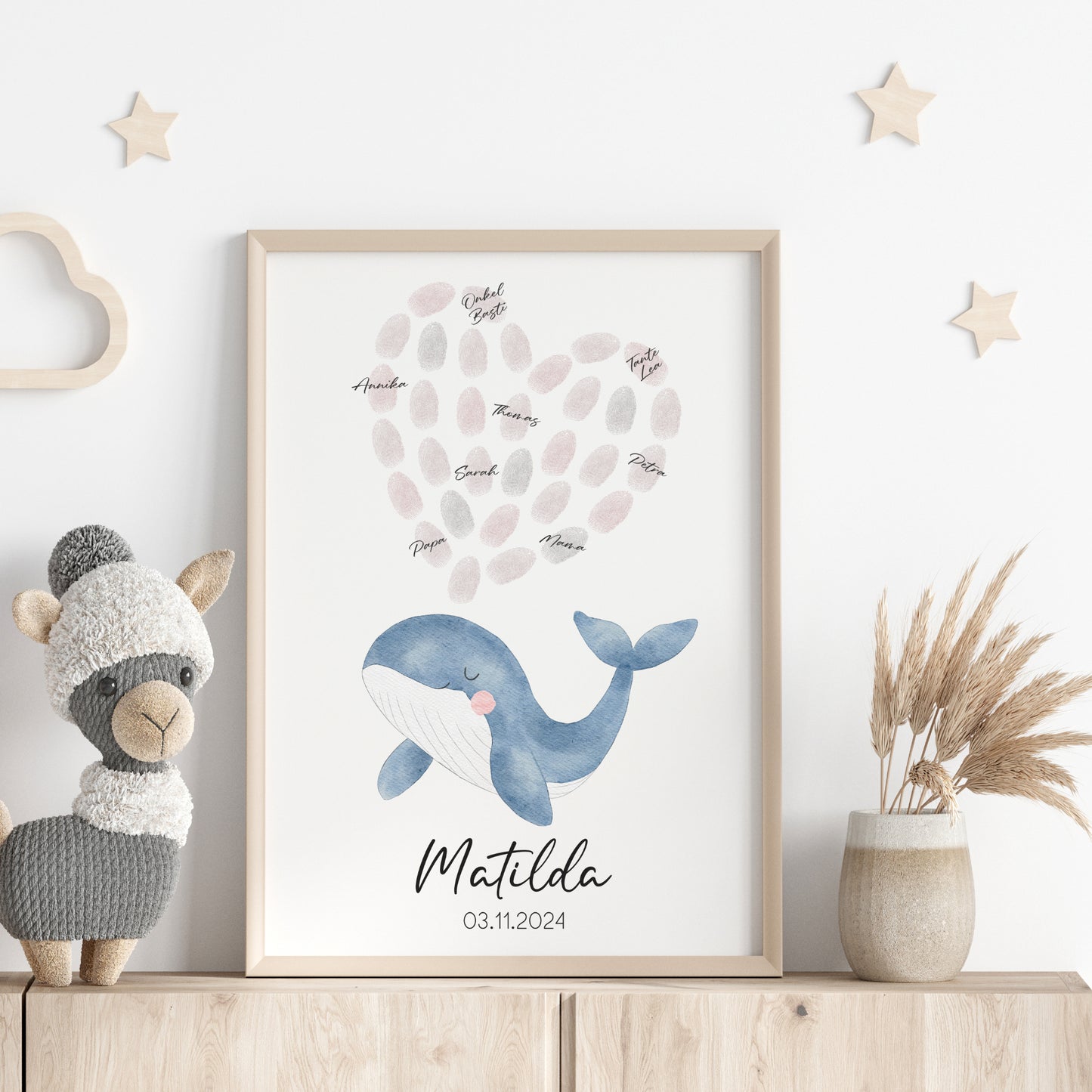 Gästeposter Fingerabdrücke Taufe Gästebuch personalisiert Wal Rosa