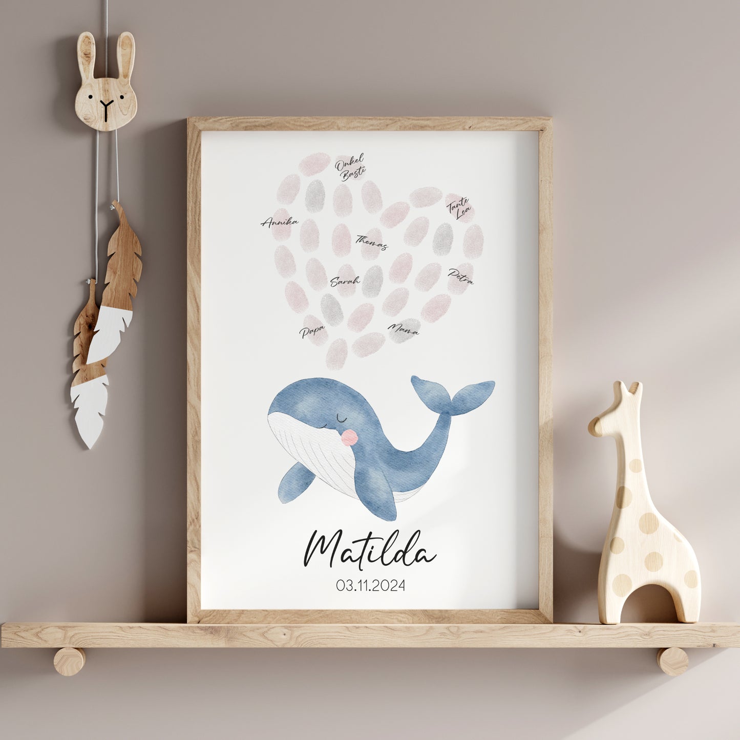 Gästeposter Fingerabdrücke Taufe Gästebuch personalisiert Wal Rosa