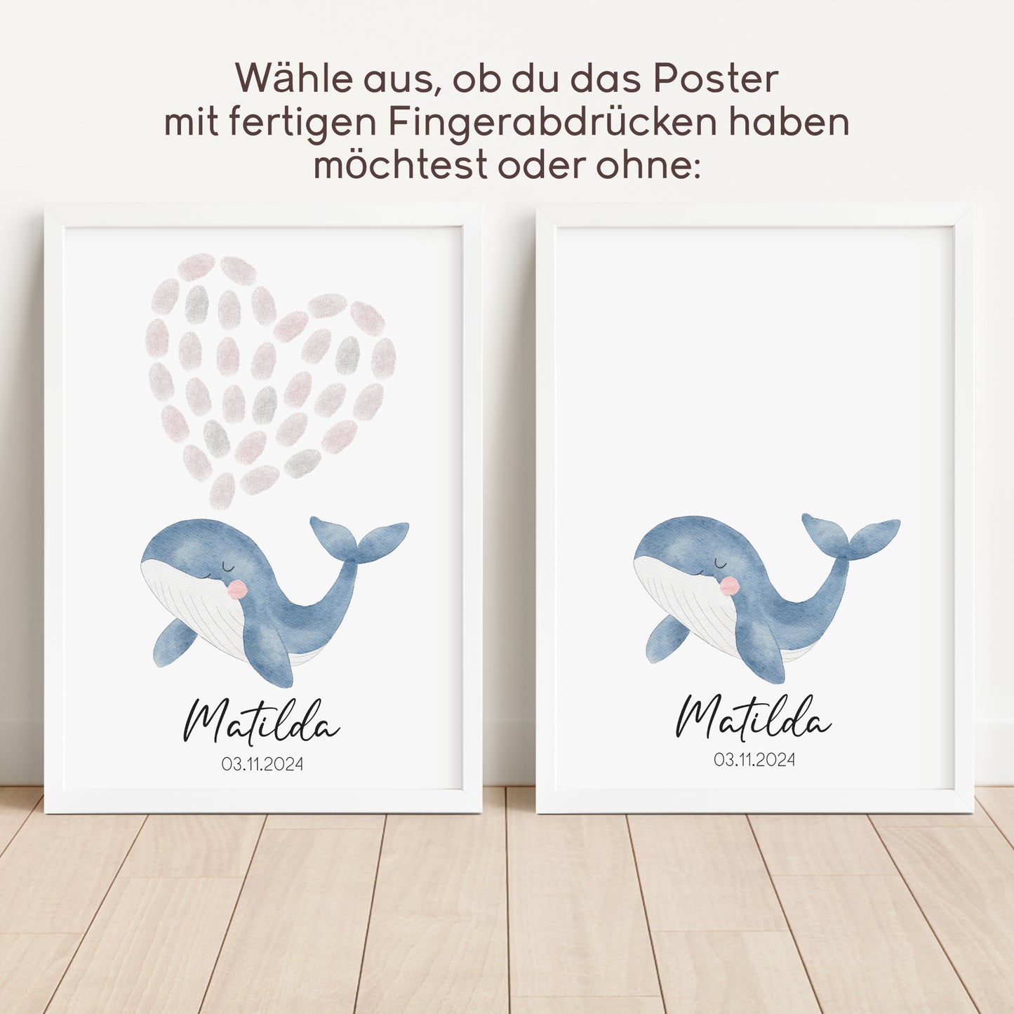 Gästeposter Fingerabdrücke Taufe Gästebuch personalisiert Wal Rosa