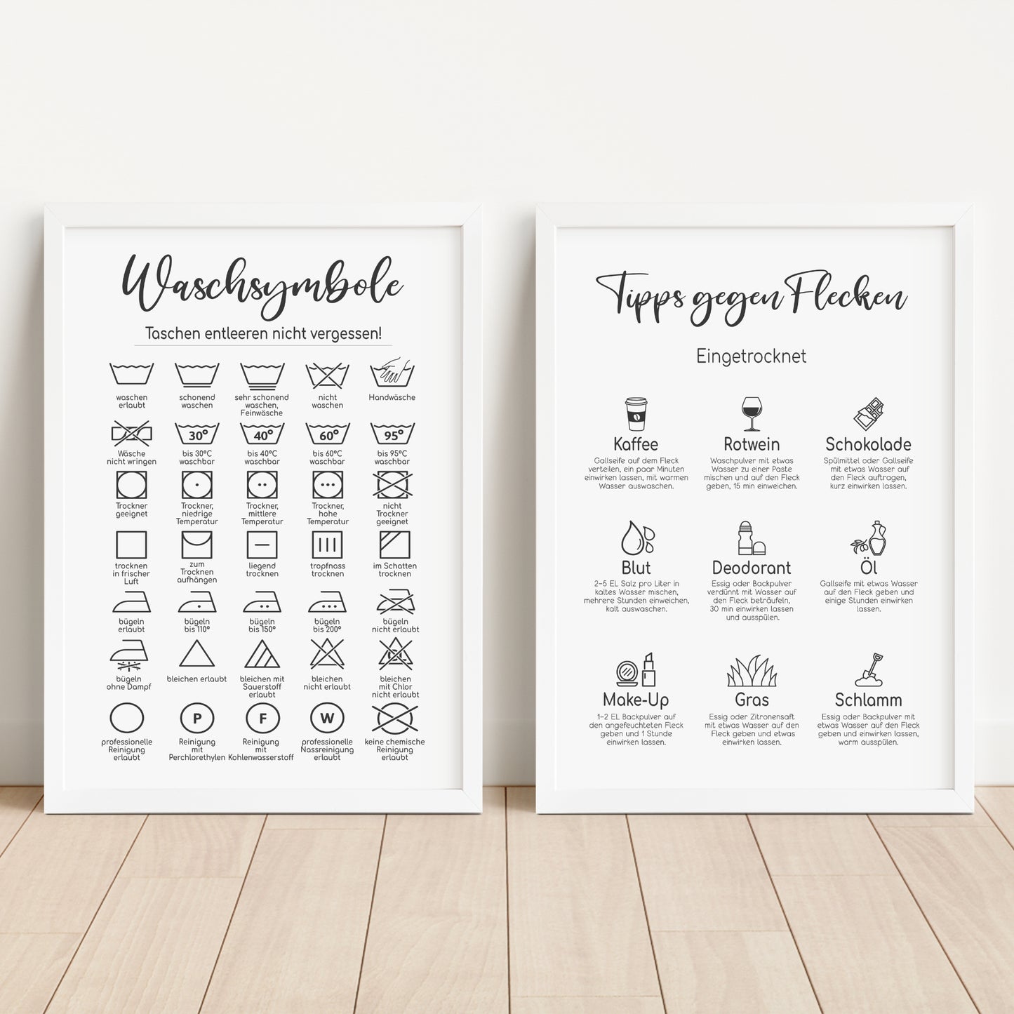 Waschsymbole Tipps Flecken 2er Set Poster Badezimmer Wäscheraum HWR Raum