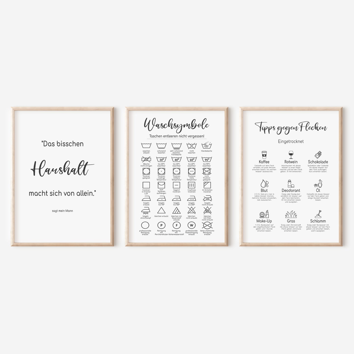 Waschsymbole 3er Set Poster Badezimmer Wäscheraum HWR Raum