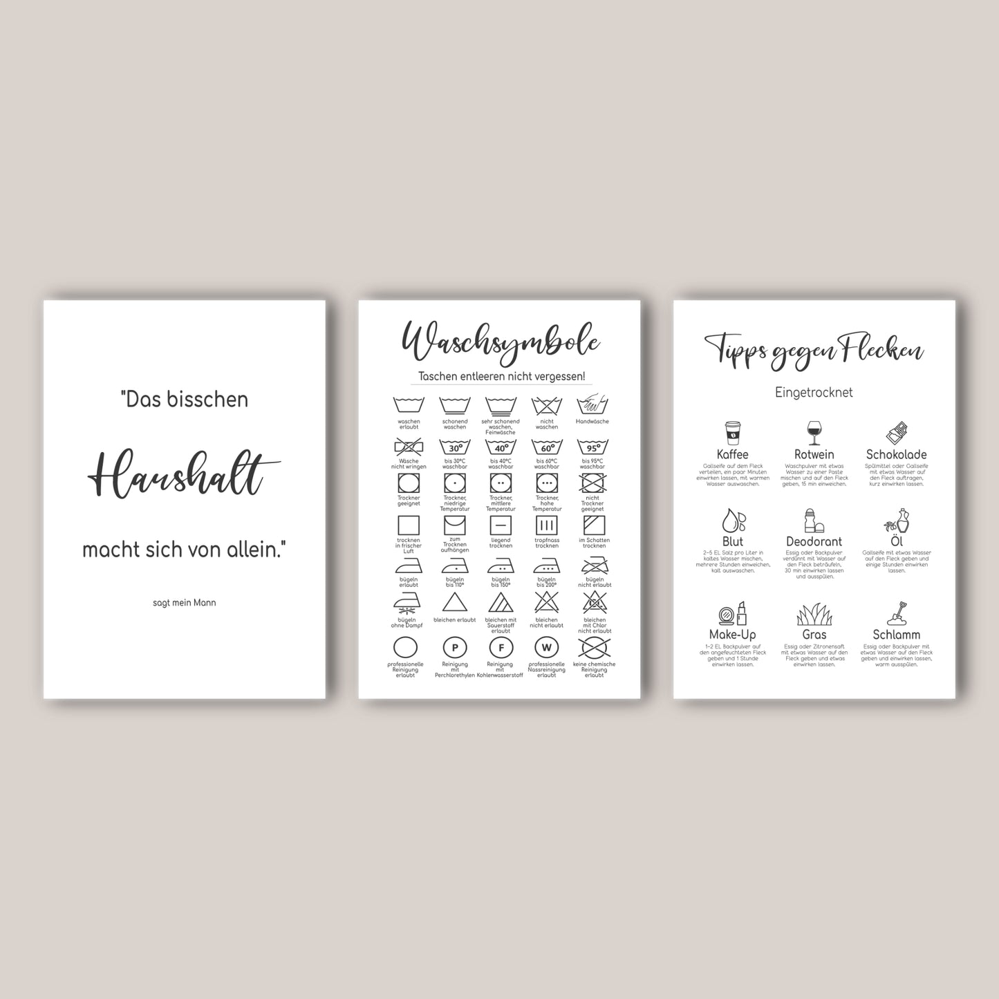 Waschsymbole 3er Set Poster Badezimmer Wäscheraum HWR Raum