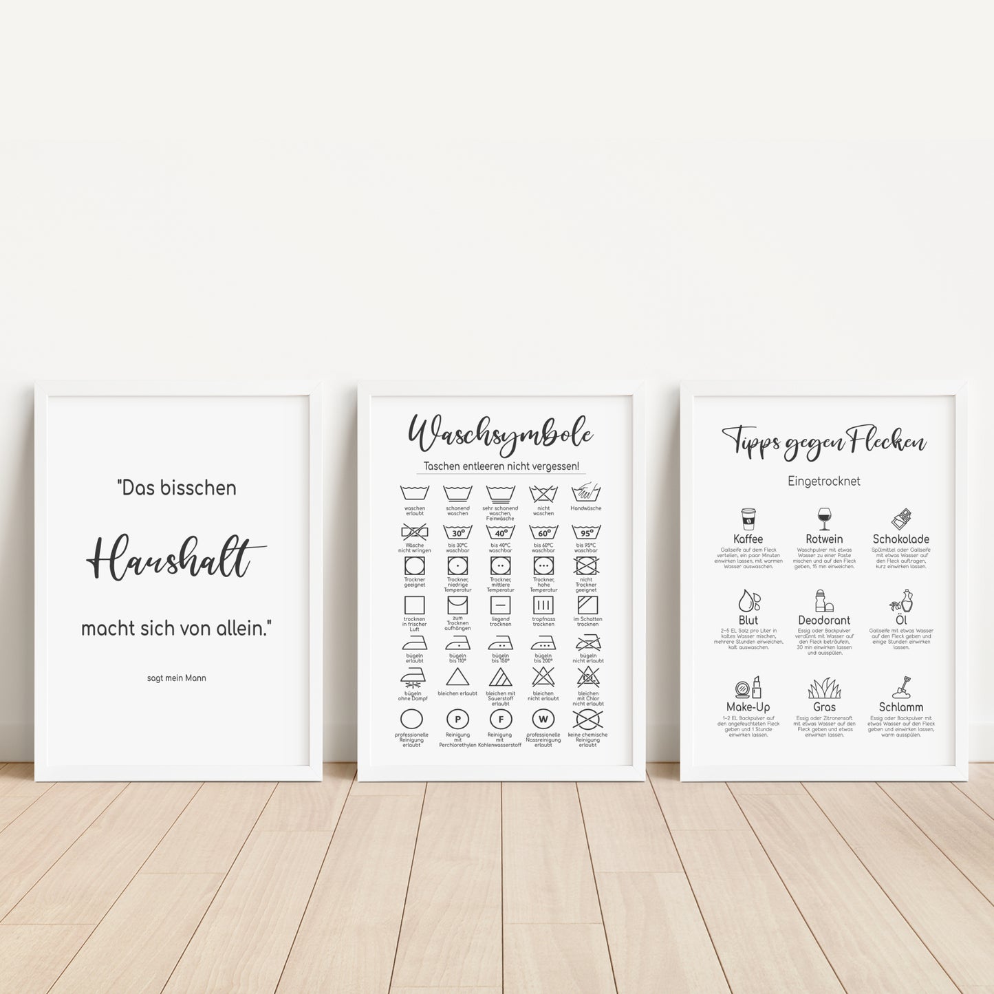 Waschsymbole 3er Set Poster Badezimmer Wäscheraum HWR Raum