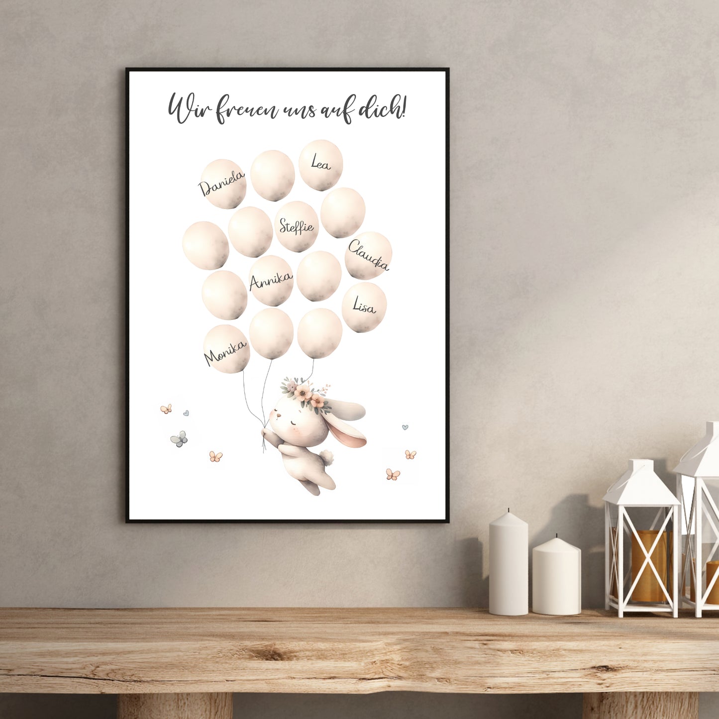 Gästebild Poster Babyparty Luftballons Hase Gästebuch Geburt Baby Shower