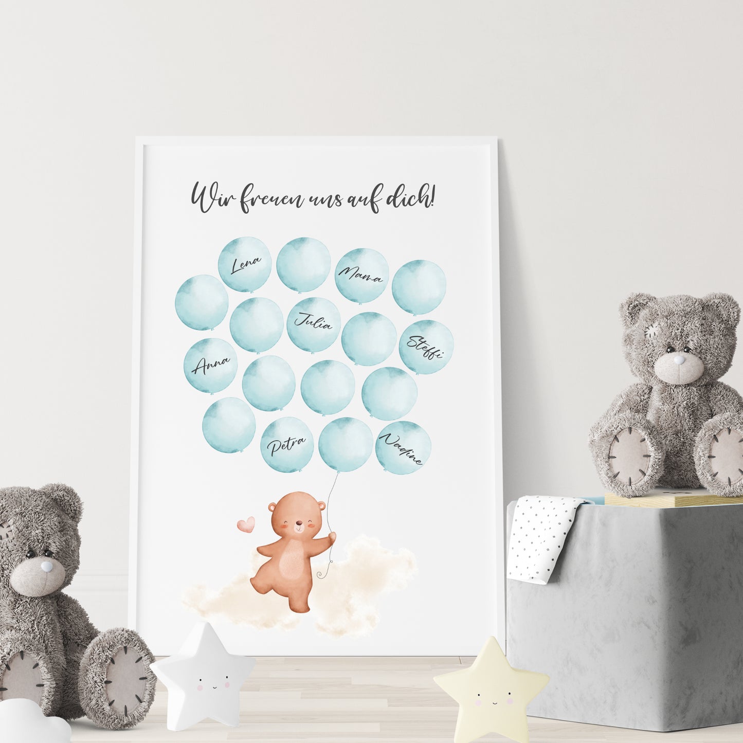 Gästebild Poster Babyparty Luftballons Bär Jungen Gästebuch Geburt Baby