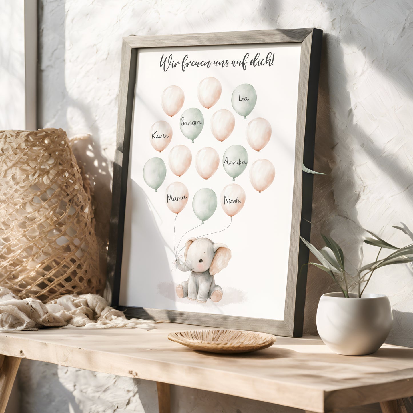 Gästebild Poster Babyparty Luftballons Elefant Gästebuch Geburt Baby Shower