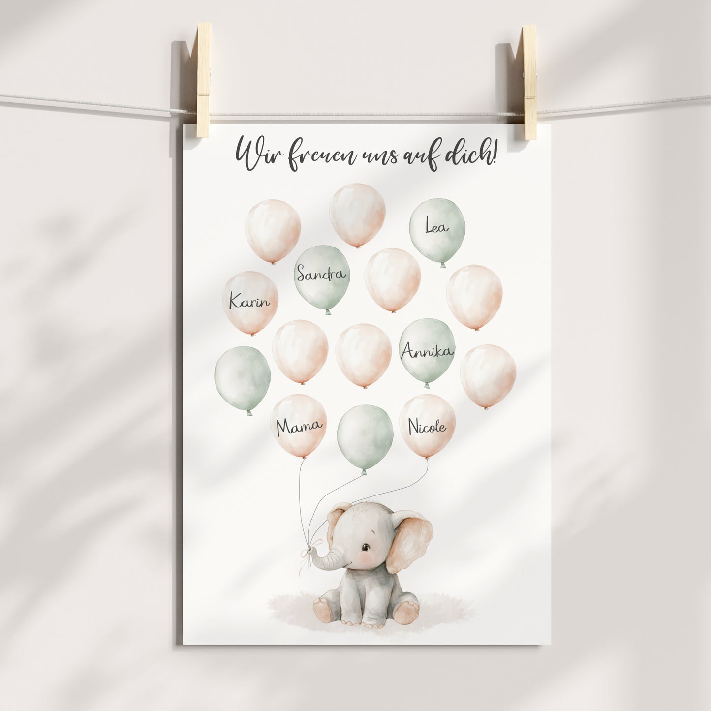 Gästebild Poster Babyparty Luftballons Elefant Gästebuch Geburt Baby Shower