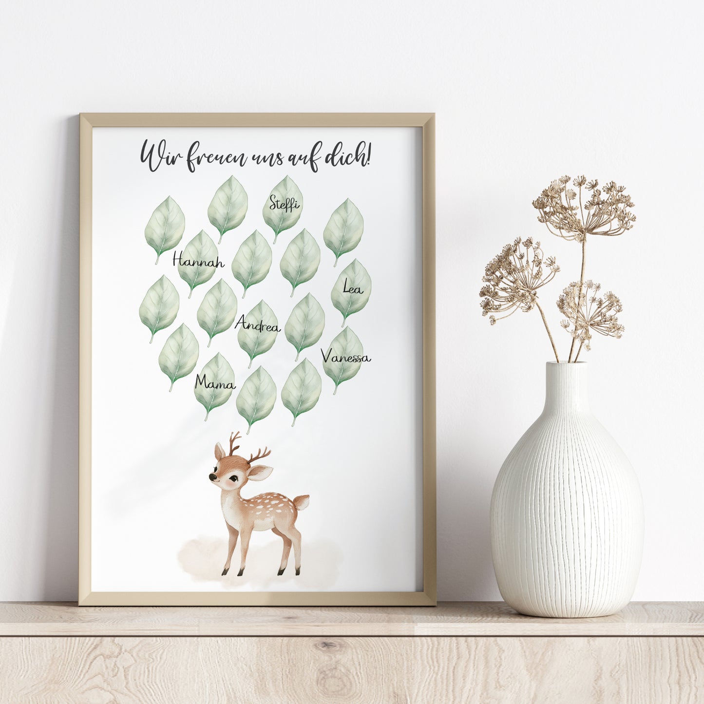 Gästebild Poster Babyparty Blätter Natur Reh Gästebuch Geburt Baby Shower