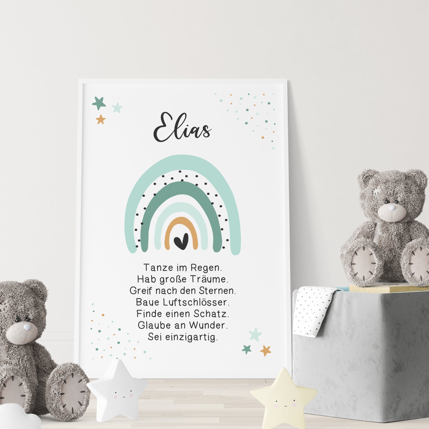 Kinderzimmer Poster Affirmation Regenbogen Mintgrün personalisiert