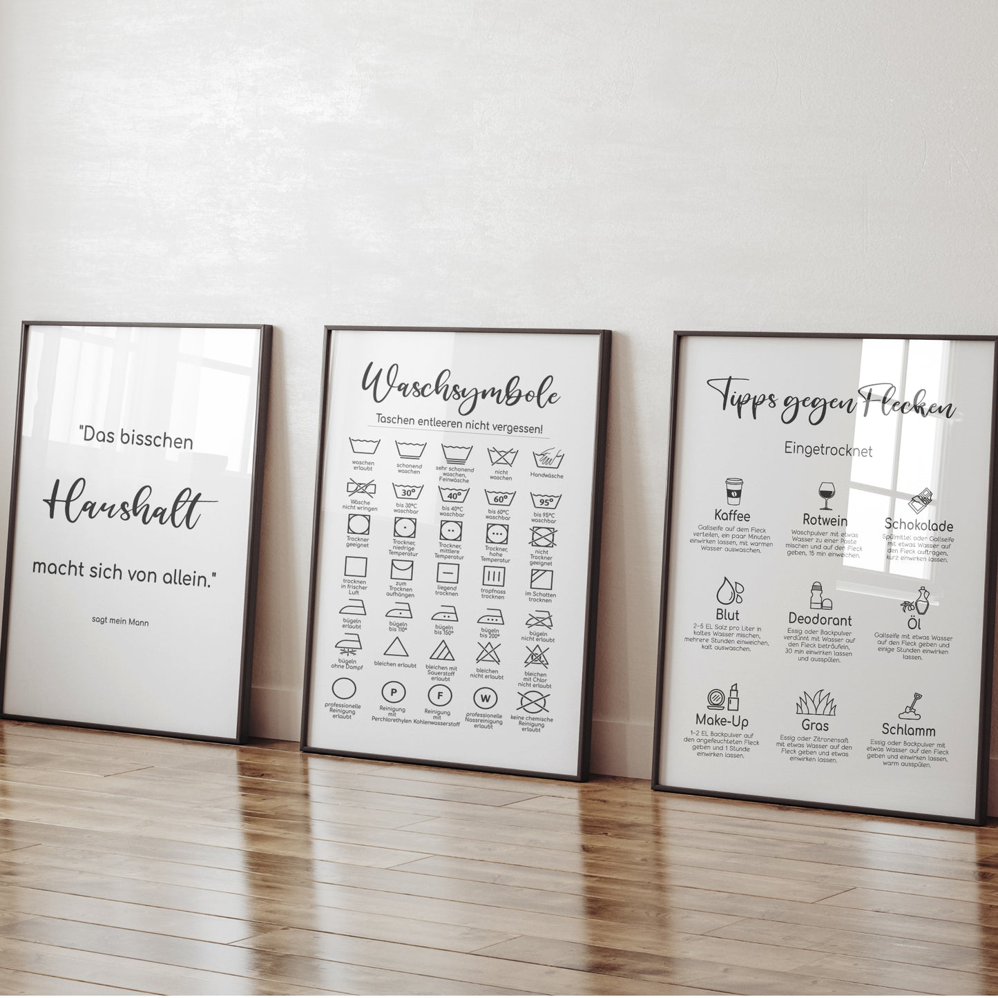 Waschsymbole 3er Set Poster Badezimmer Wäscheraum HWR Raum
